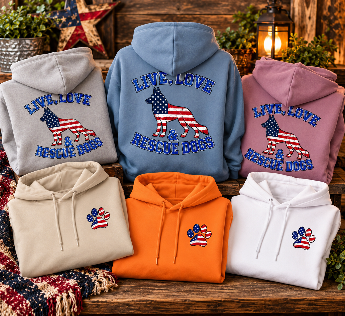 Live, Love & Rescue Dogs Patriotic Hoodie β Unisex Fleece Pullover
