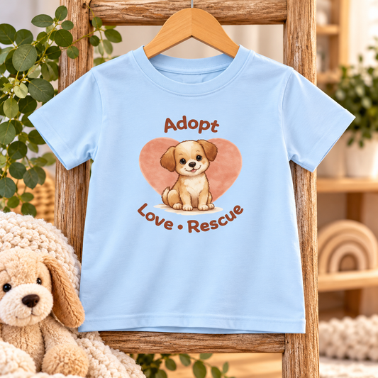 Kids “Adopt Love Rescue” Puppy T-Shirt – Cute Rescue Dog Graphic Tee
