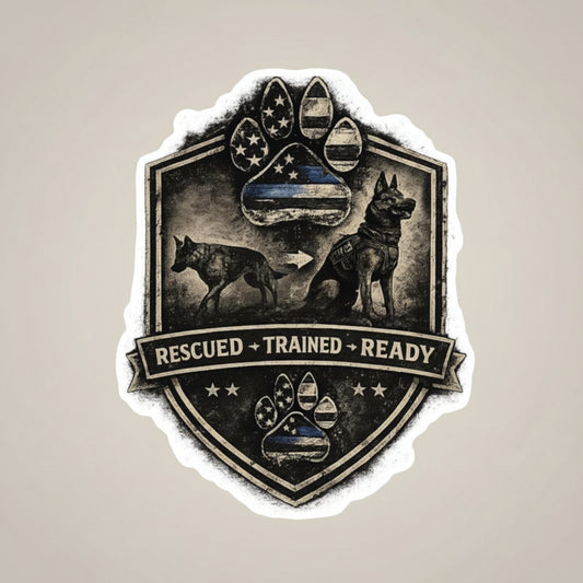 K9 Rescue & Training Sticker — "Rescued • Trained • Ready" Badge