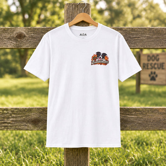 White t-shirt with a logo on the chest against a white background