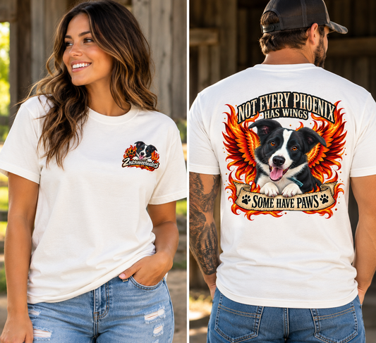 A split-view lifestyle image showing a woman on the left and a man on the right wearing a white graphic T-shirt. The shirt has a small dog graphic on the left chest and a large back graphic featuring a black-and-white dog with wings and the text 'NOT EVERY PHOENIX HAS WINGS SOME HAVE PAWS.