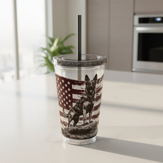 American Flag K9 Tumbler 16oz Insulated Straw Cup
