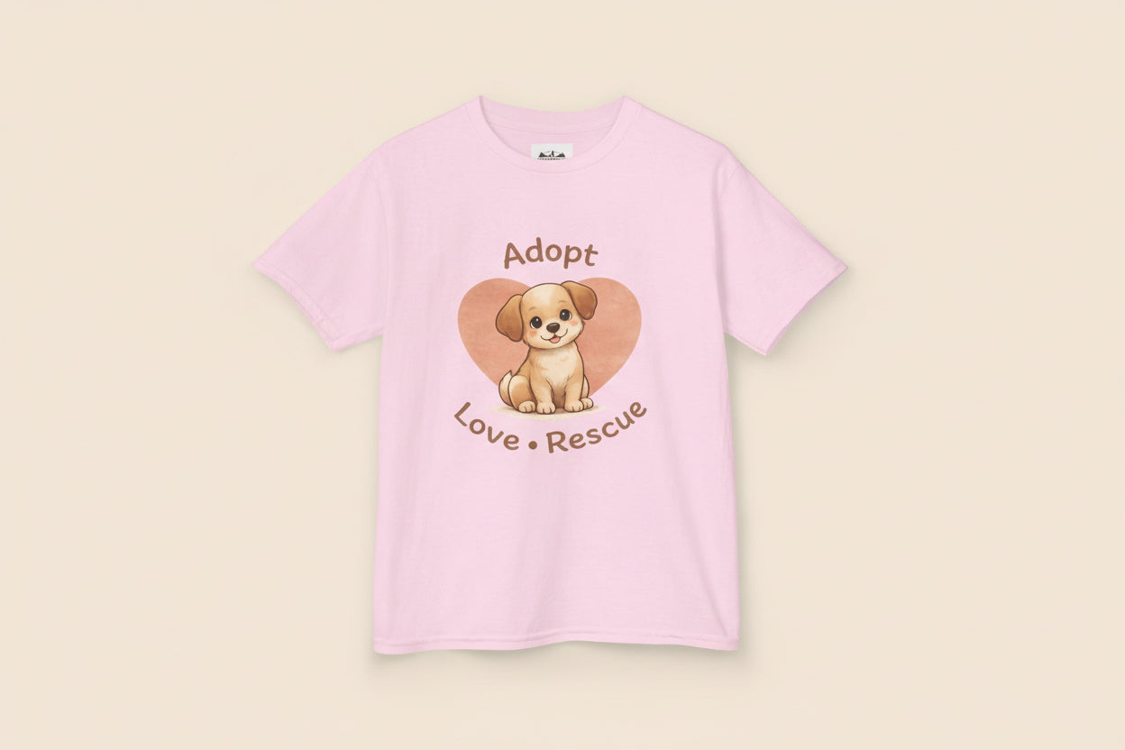 Kids “Adopt Love Rescue” Puppy T-Shirt – Cute Rescue Dog Graphic Tee