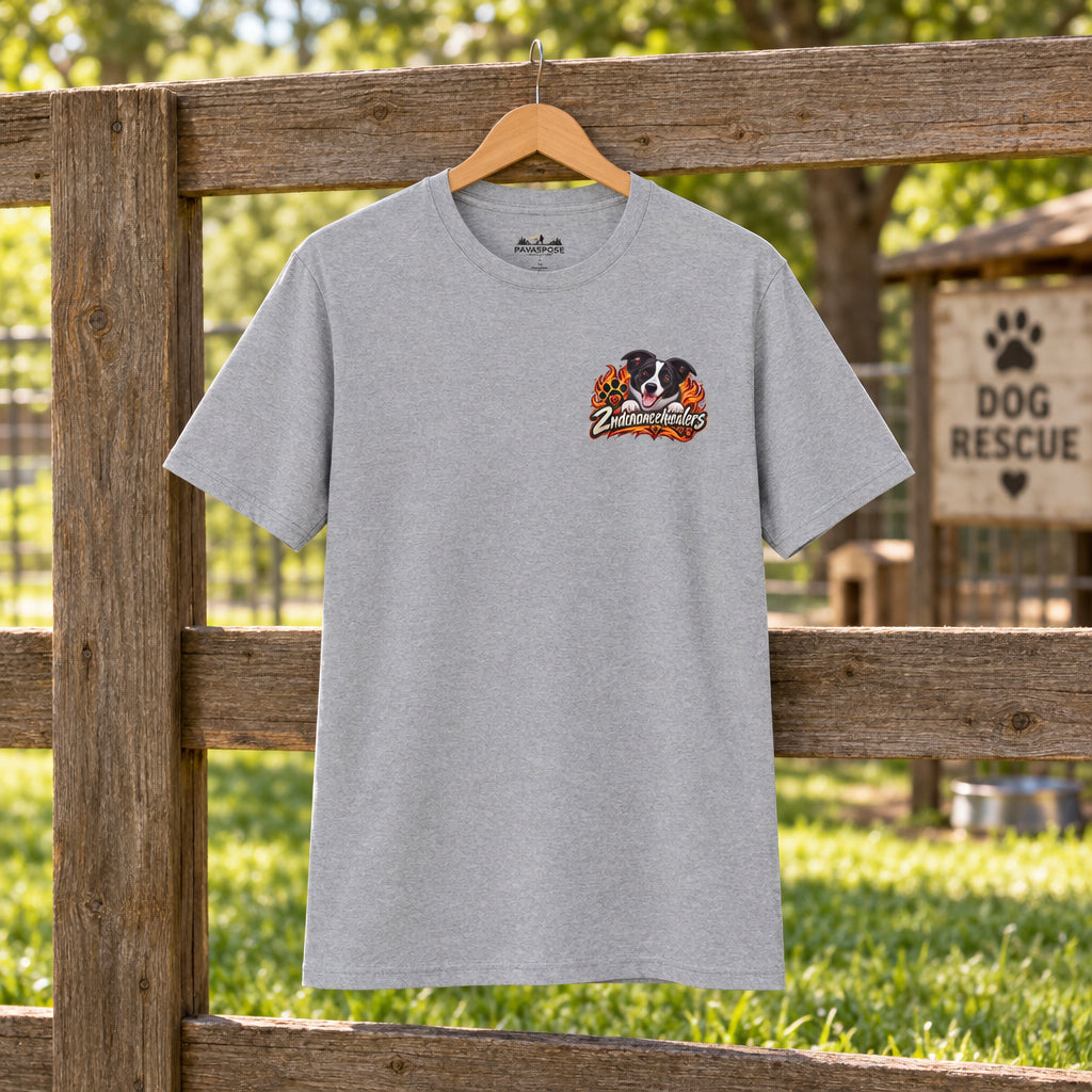 Gray t-shirt with a graphic design on a white background