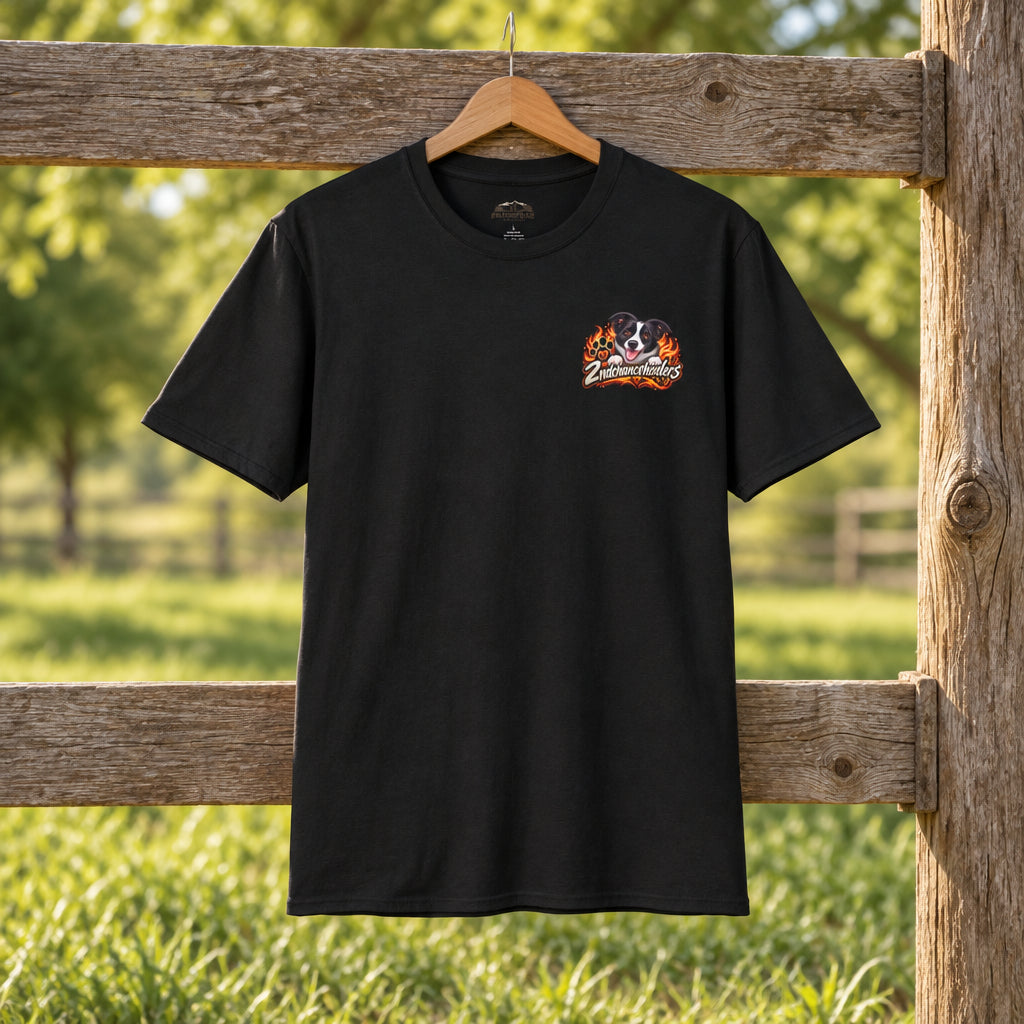 Black t-shirt with a graphic design on a white background