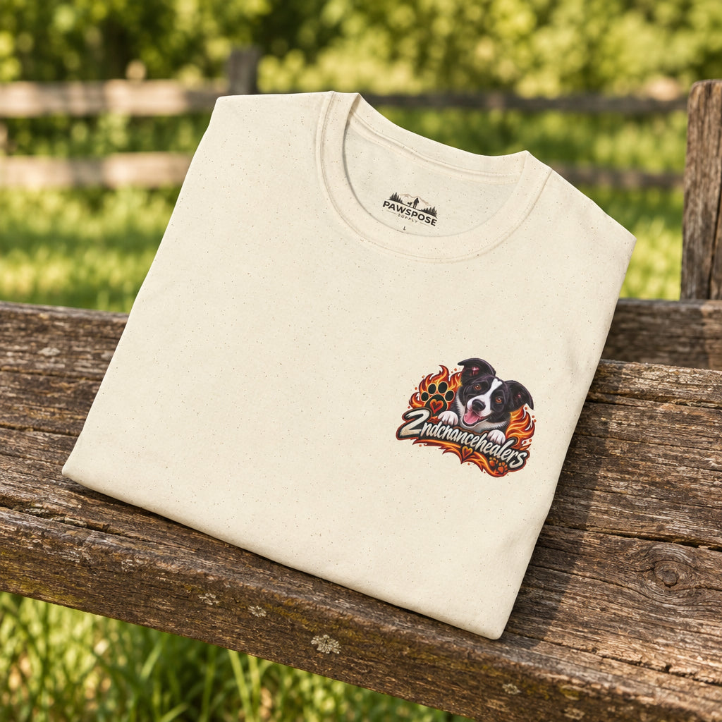 A folded cream-colored cotton crewneck t-shirt with a small graphic on the left chest showing two dogs and the text 'Endurance Headers'. The inner neck label shows the brand 'Pioneer Ridge'.
