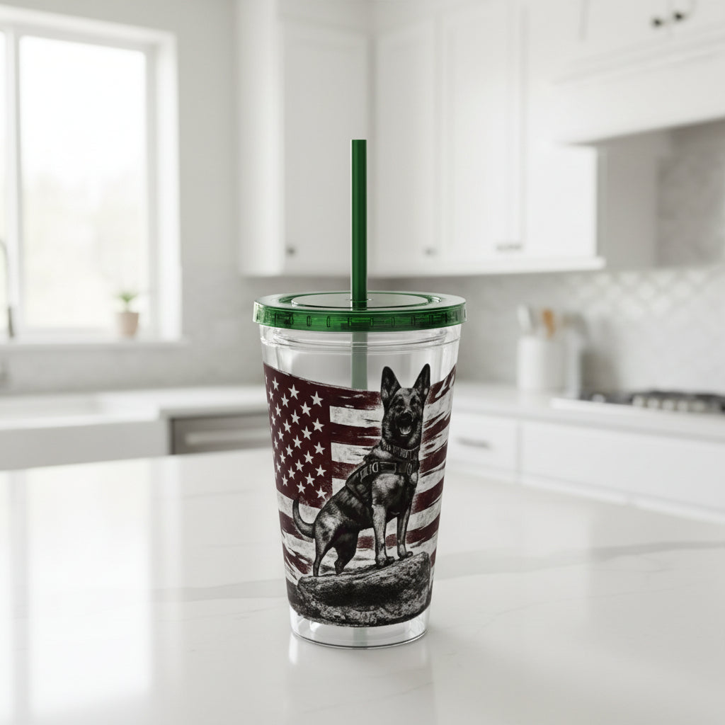 American Flag K9 Tumbler 16oz Insulated Straw Cup