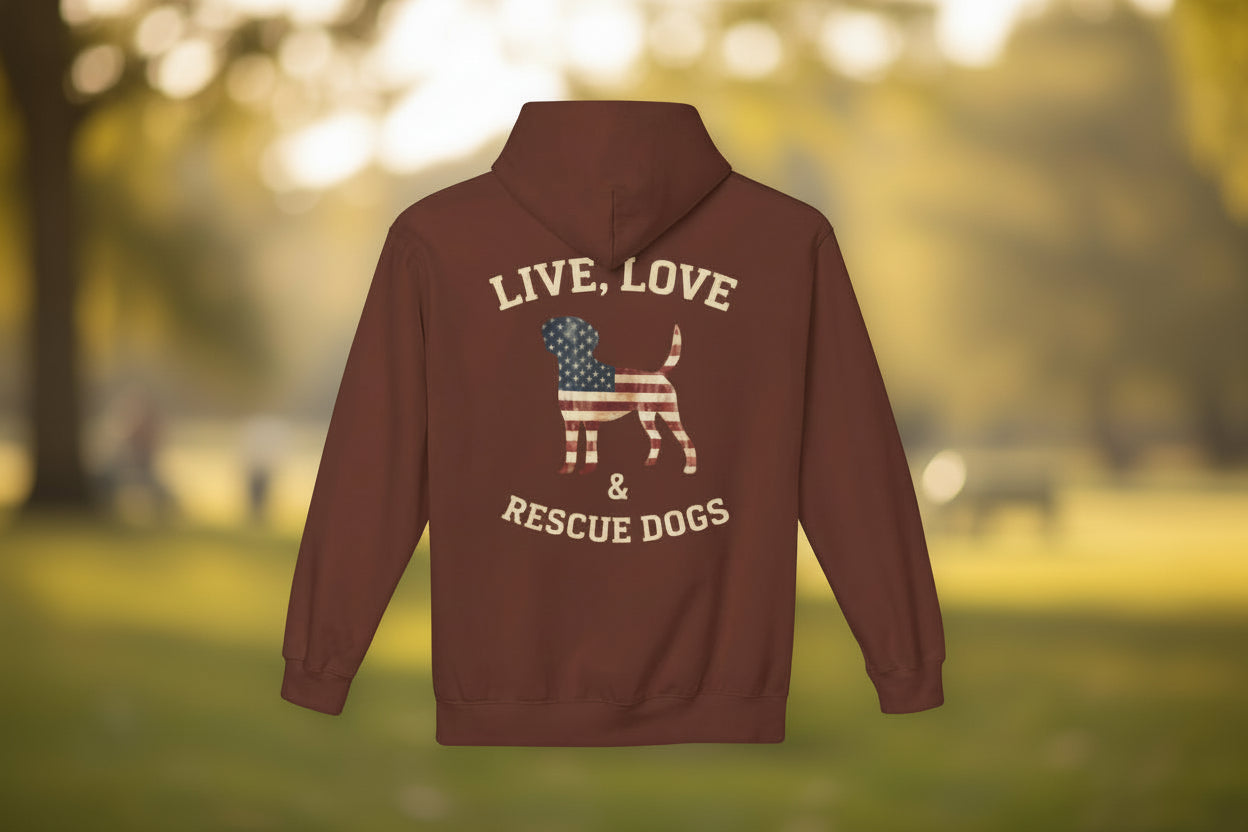 Rescue Dogs American Flag Hoodie "Live, Love & Rescue Dogs" Paw-Lover Pullover