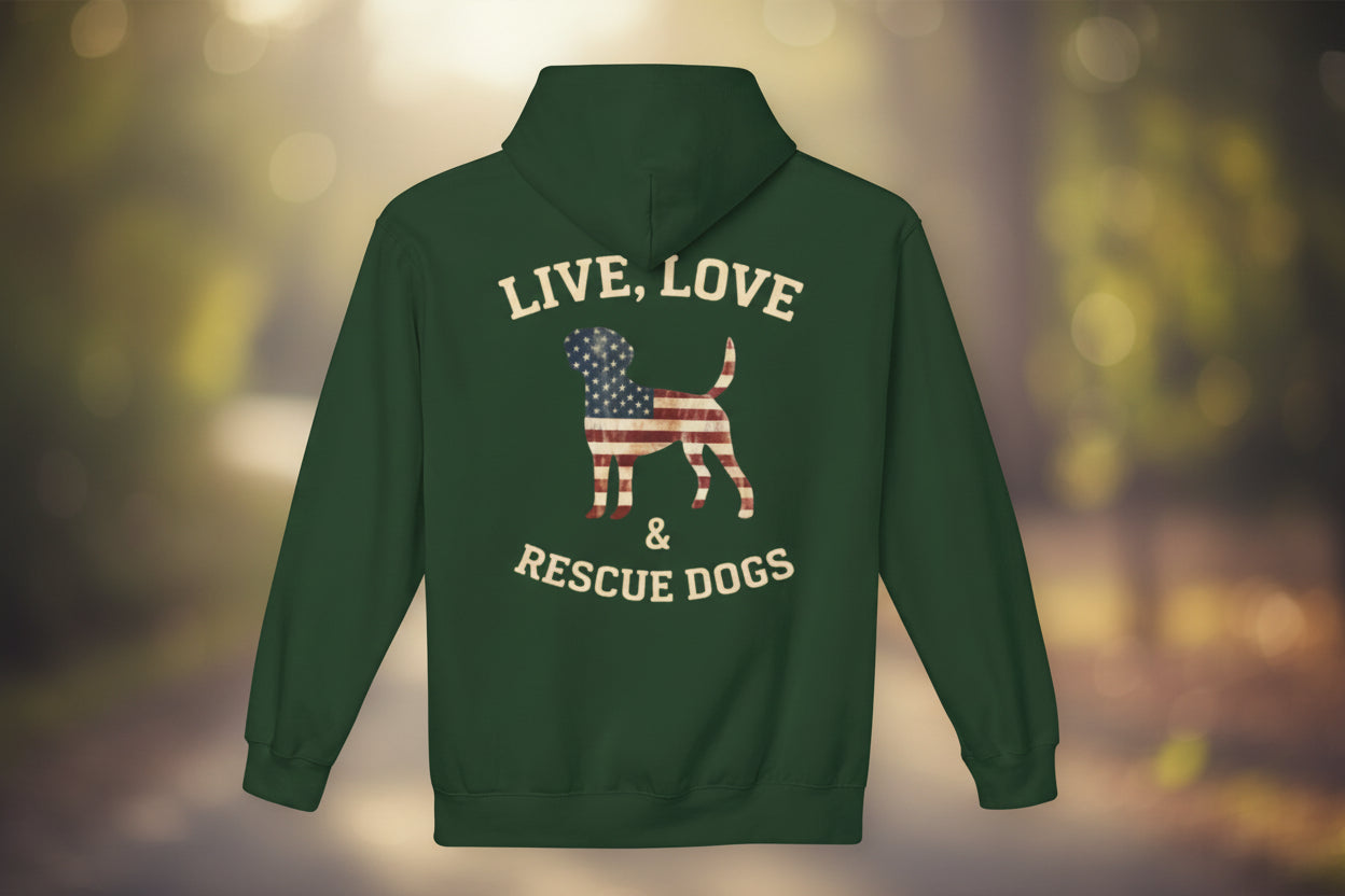 Rescue Dogs American Flag Hoodie "Live, Love & Rescue Dogs" Paw-Lover Pullover