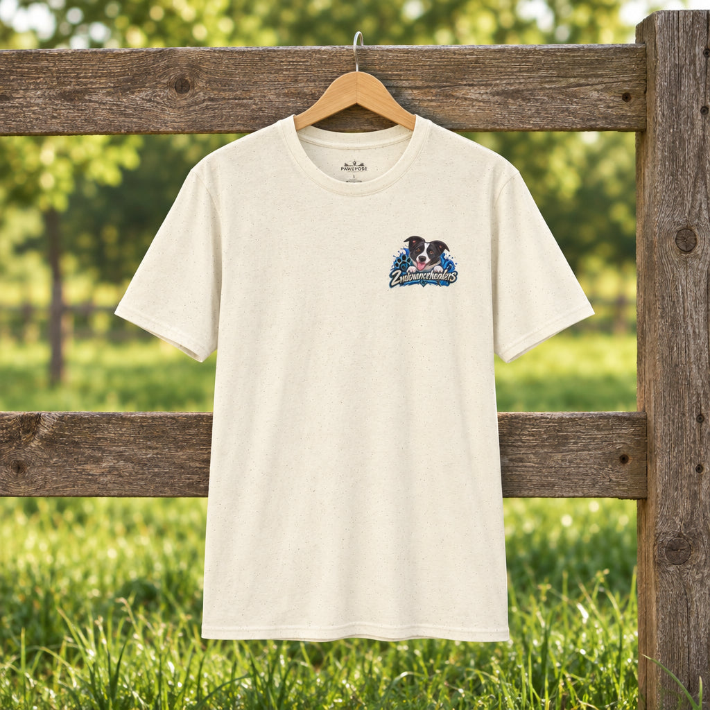 Beige t-shirt with a logo on a white background
