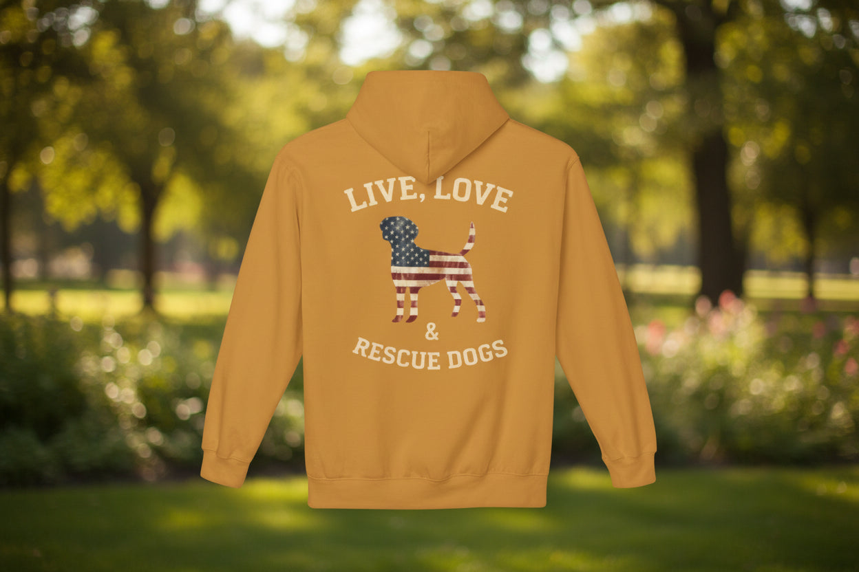 Rescue Dogs American Flag Hoodie "Live, Love & Rescue Dogs" Paw-Lover Pullover