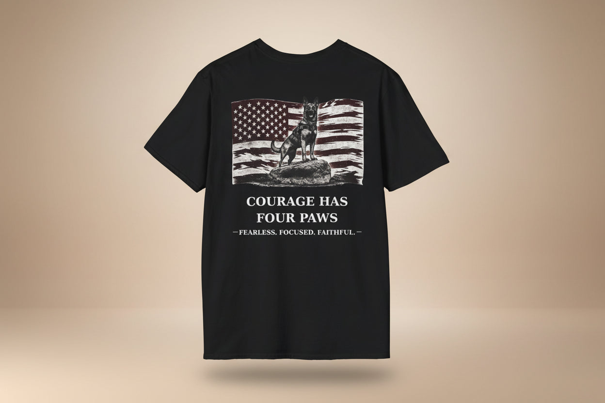 Courage Has Four Paws T-Shirt — American Flag K9 Tribute