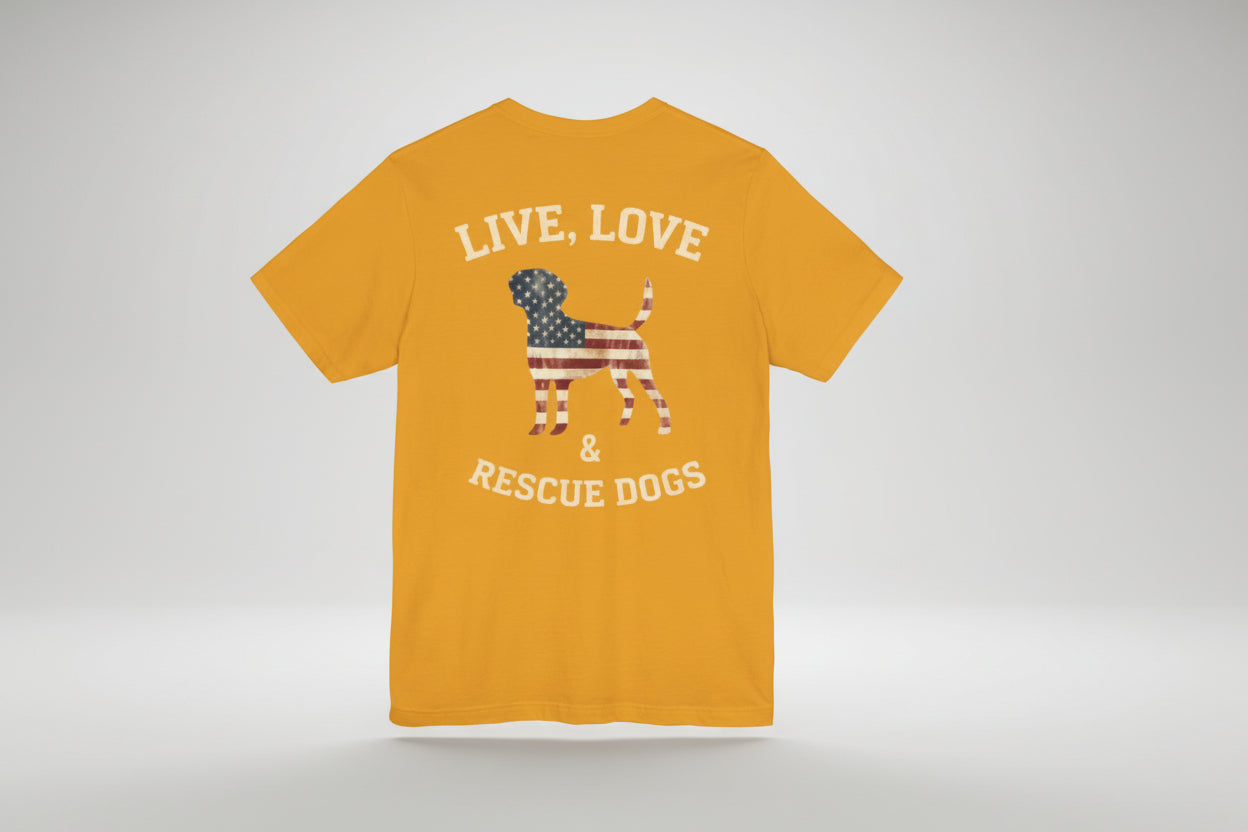 Live, Love & Rescue Dogs T-Shirt American Flag Rescue Dog Tee