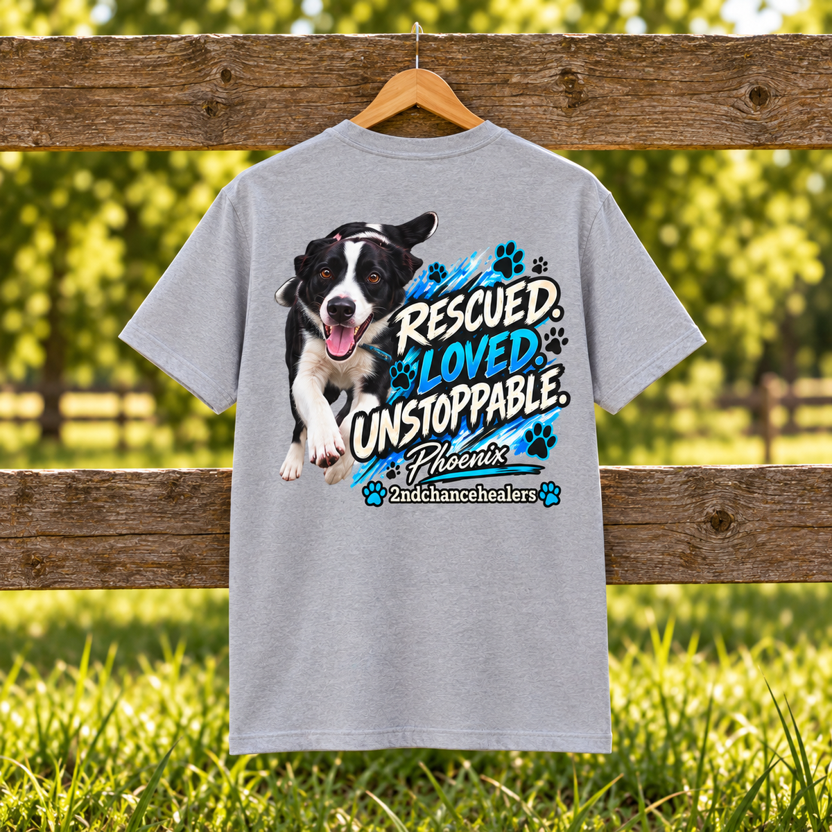 A light gray short-sleeve T-shirt hanging on a wooden fence outdoors, featuring a large graphic print of a black-and-white dog and the text 'RESCUED. LOVED.