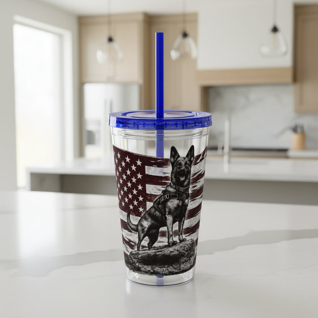 American Flag K9 Tumbler 16oz Insulated Straw Cup