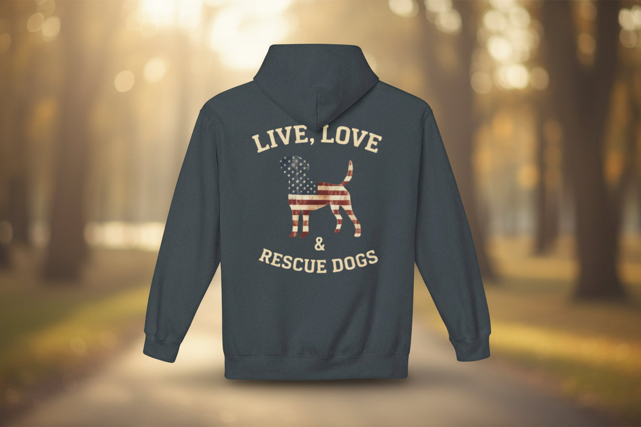 Rescue Dogs American Flag Hoodie "Live, Love & Rescue Dogs" Paw-Lover Pullover