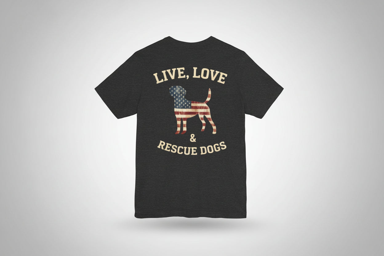 Live, Love & Rescue Dogs T-Shirt American Flag Rescue Dog Tee