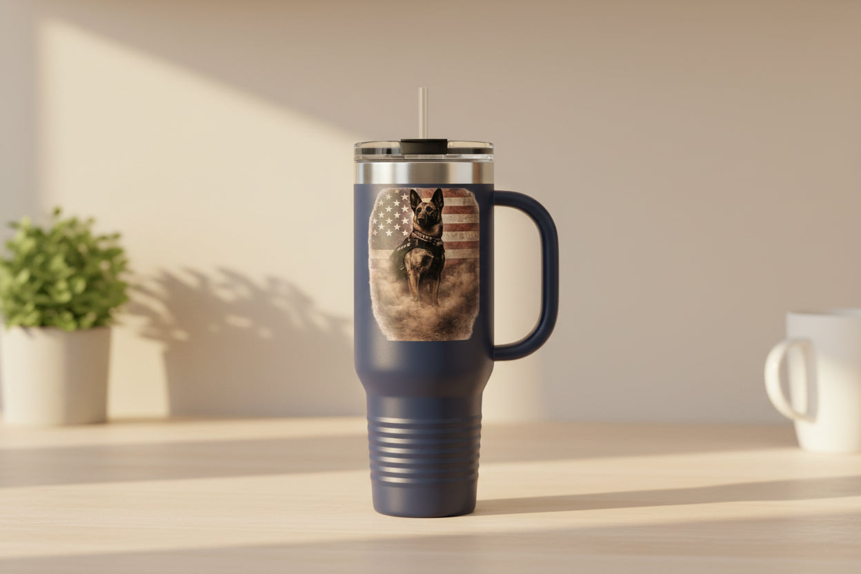 40oz Insulated Travel Mug — K9 Police Dog with American Flag
