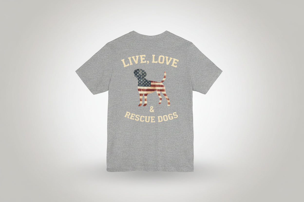Live, Love & Rescue Dogs T-Shirt American Flag Rescue Dog Tee
