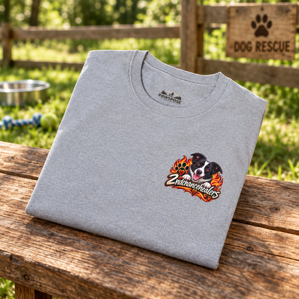 A folded light gray crewneck t-shirt with a small graphic on the left chest showing two dogs and the text 'Endurance Heads' with flames, photographed on a white background.