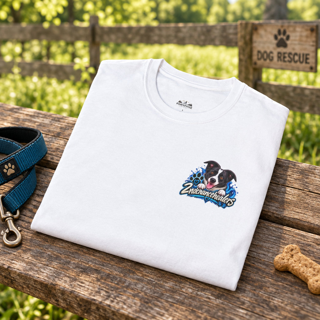 A folded white short-sleeve t-shirt with a colorful graphic on the left chest featuring a dog and the text 'The Neighborhoods'.