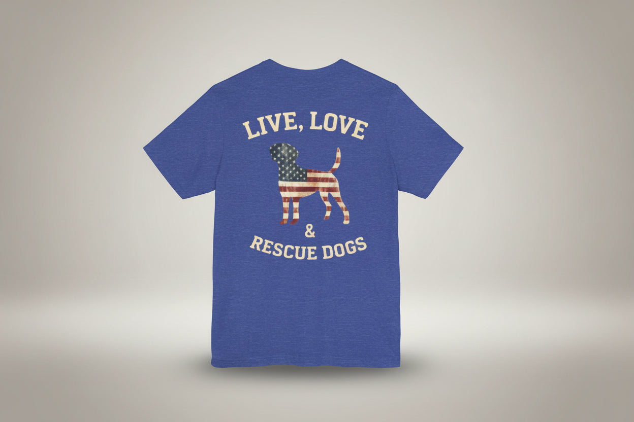 Live, Love & Rescue Dogs T-Shirt American Flag Rescue Dog Tee