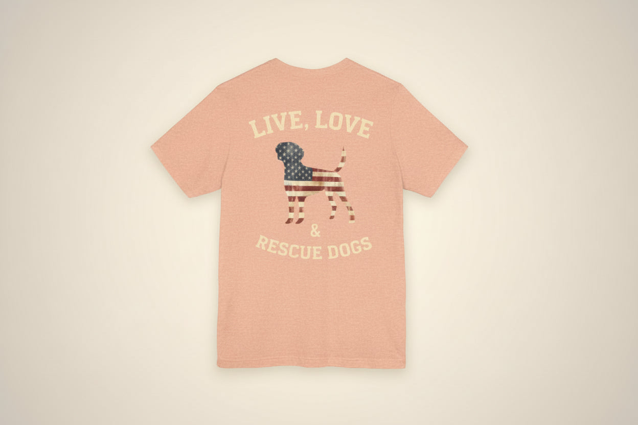 Live, Love & Rescue Dogs T-Shirt American Flag Rescue Dog Tee