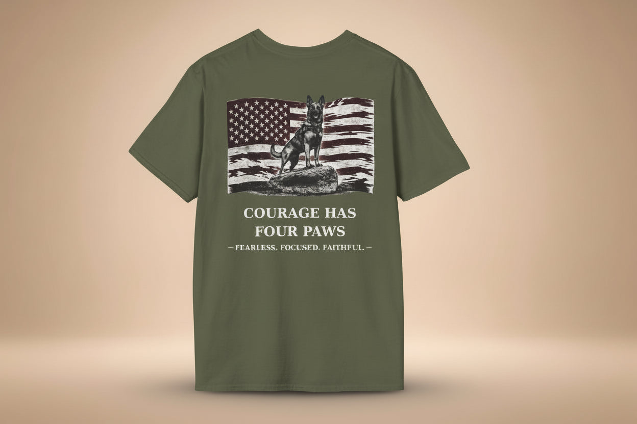 Courage Has Four Paws T-Shirt — American Flag K9 Tribute