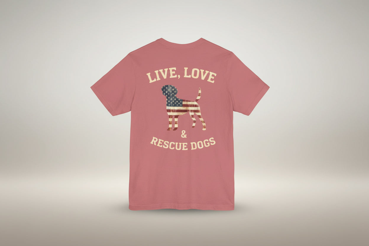 Live, Love & Rescue Dogs T-Shirt American Flag Rescue Dog Tee