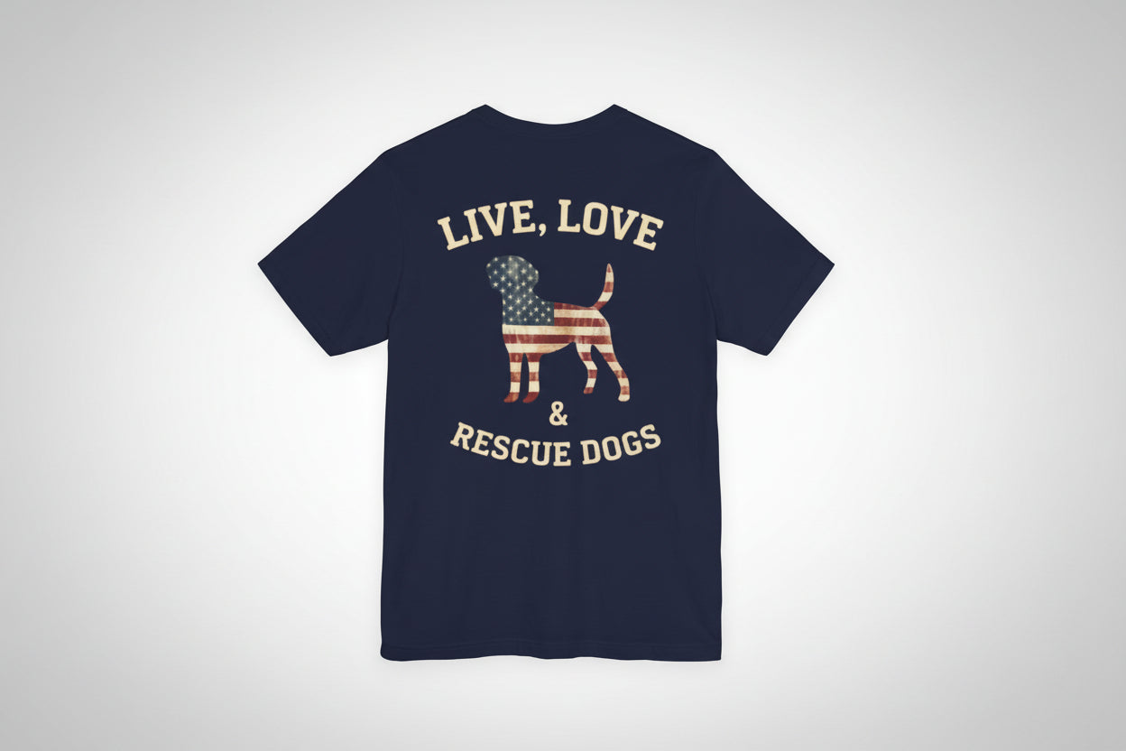 Live, Love & Rescue Dogs T-Shirt American Flag Rescue Dog Tee