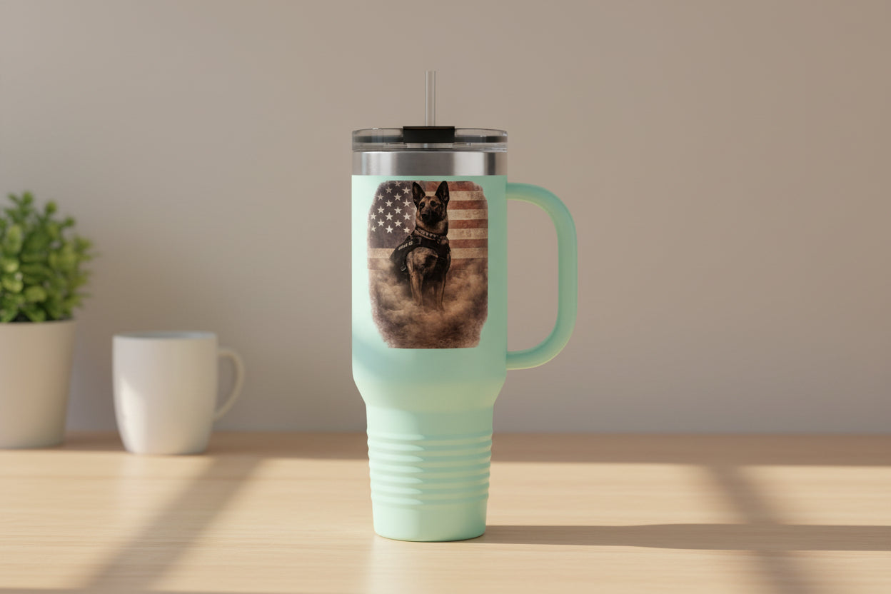 40oz Insulated Travel Mug — K9 Police Dog with American Flag