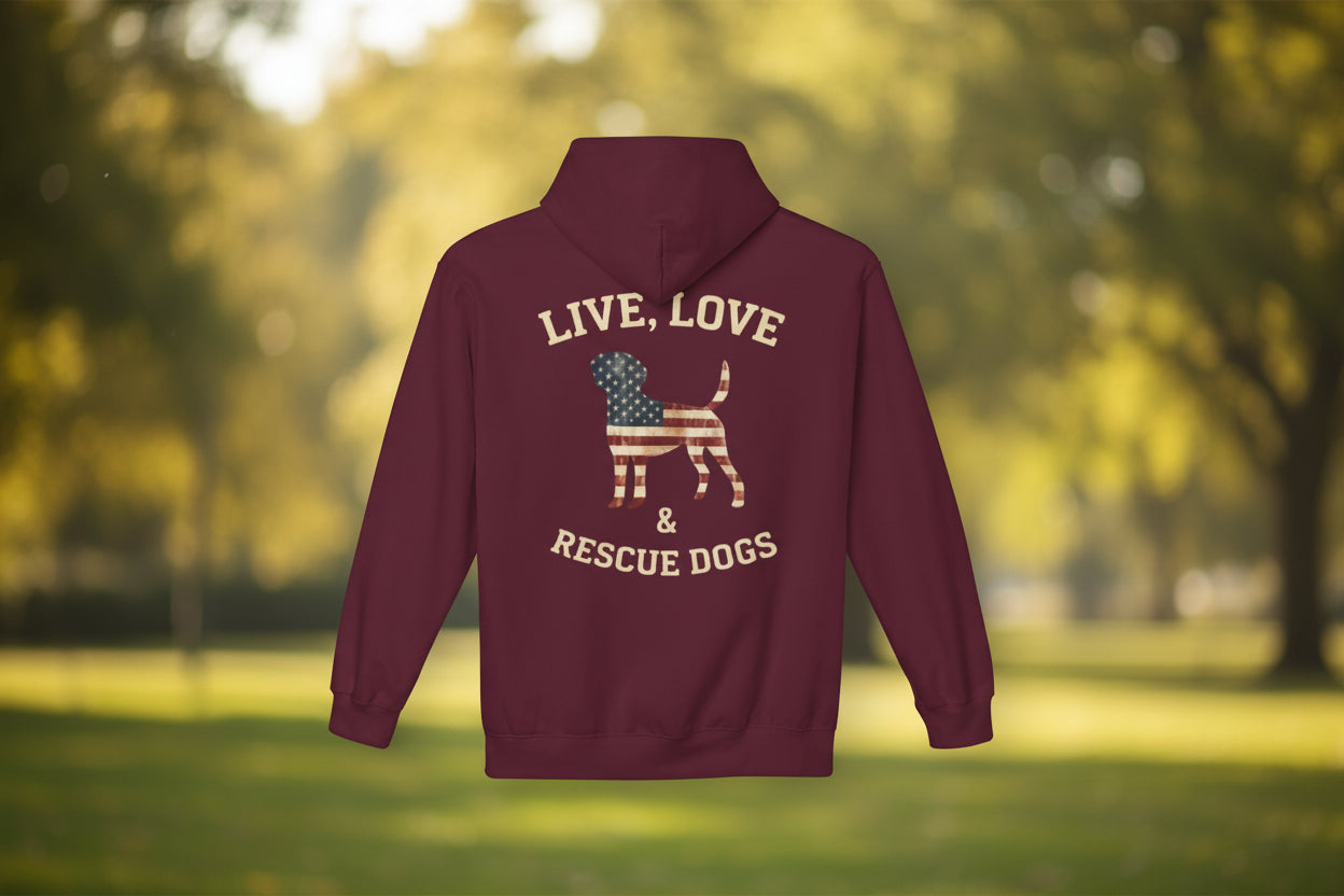 Rescue Dogs American Flag Hoodie "Live, Love & Rescue Dogs" Paw-Lover Pullover