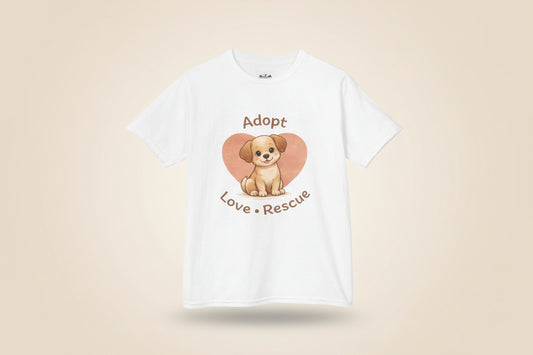 Kids “Adopt Love Rescue” Puppy T-Shirt – Cute Rescue Dog Graphic Tee