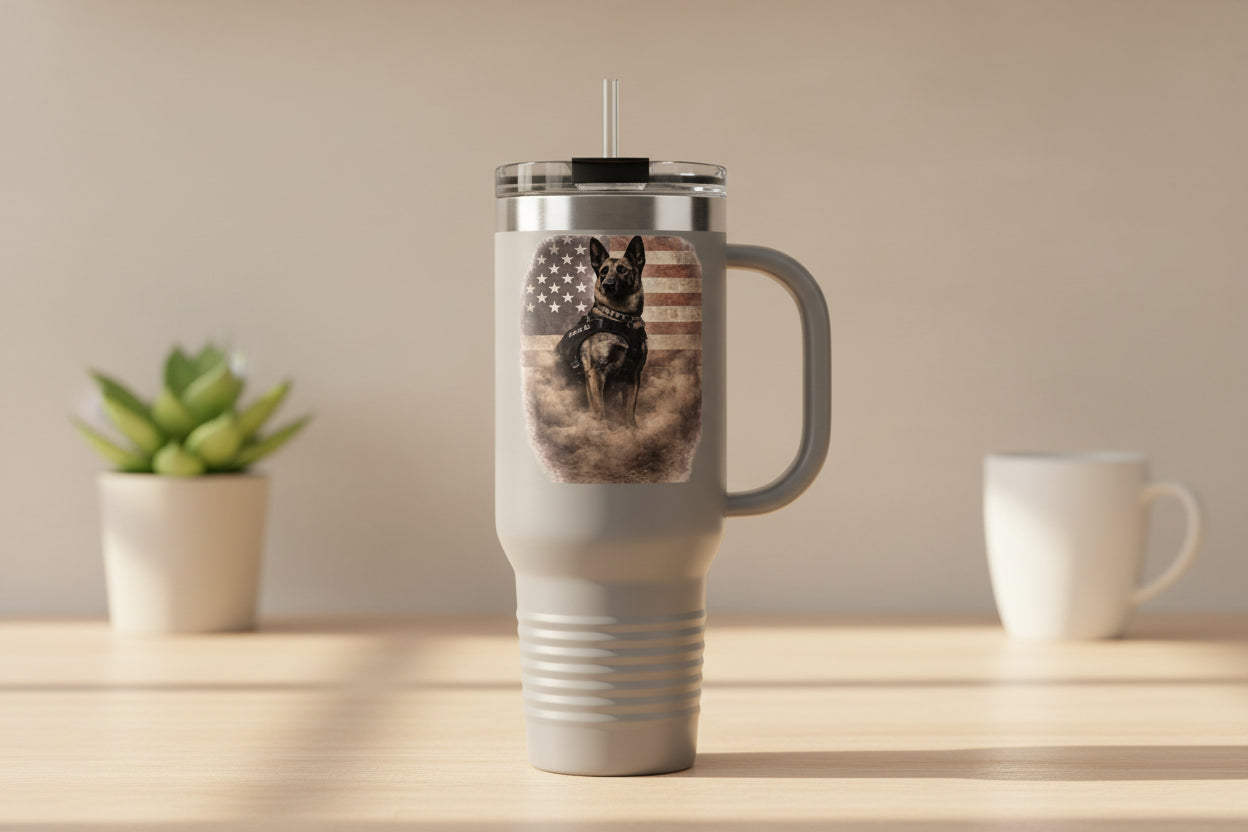 40oz Insulated Travel Mug — K9 Police Dog with American Flag