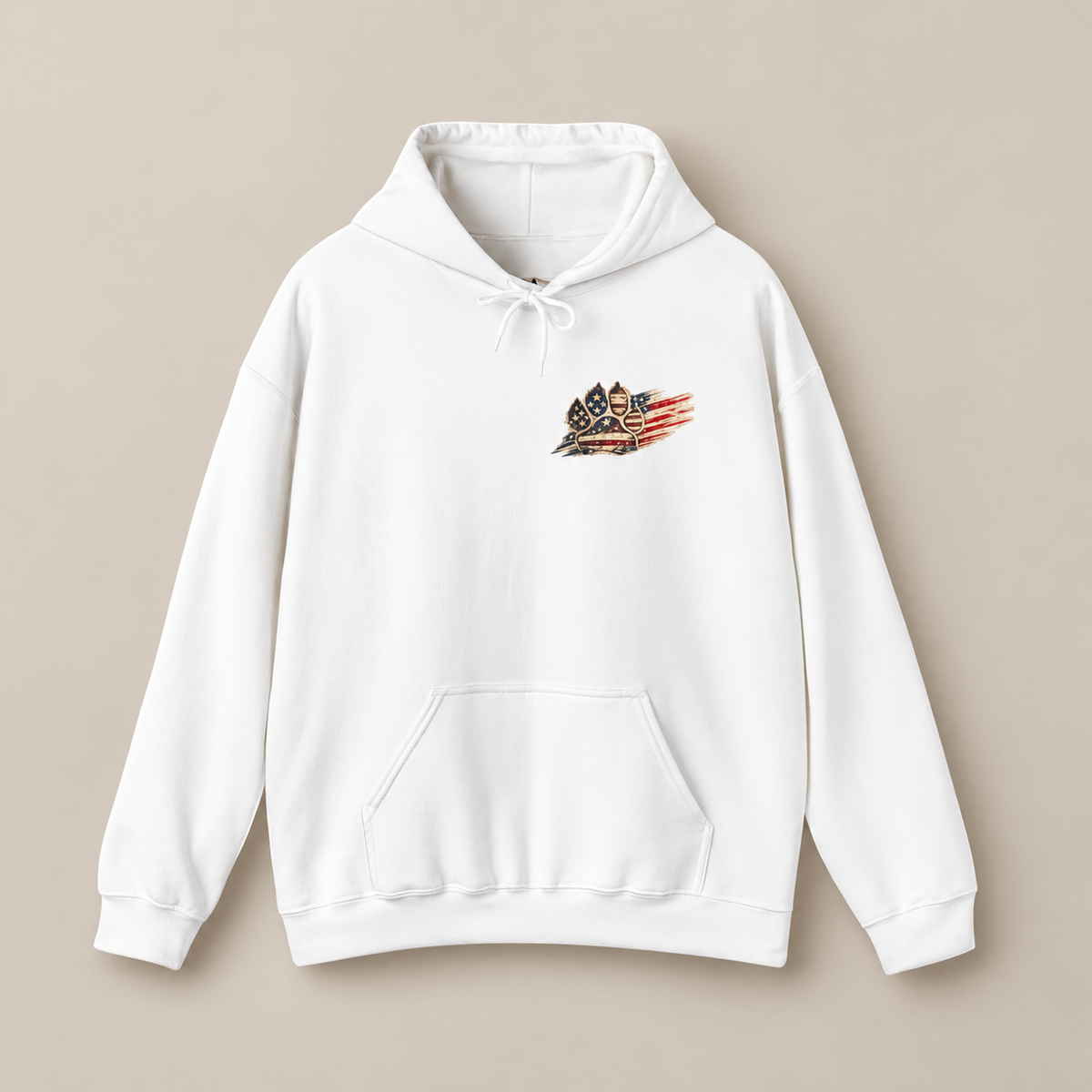 A white pullover hoodie with a small graphic on the left chest featuring a stylized character and the text 'Cute Puff' with red streaks, displayed against a solid beige background.