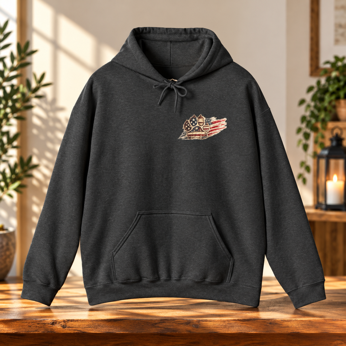 A dark charcoal gray pullover hoodie with a small patriotic chest graphic, displayed on a wooden table in a warm, sunlit room with plants and a candle in the background.