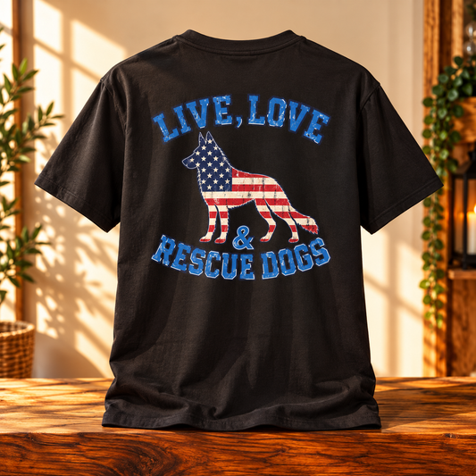 Live Love Rescue Dogs Patriotic T-Shirt | Dog Rescue Lover Tee