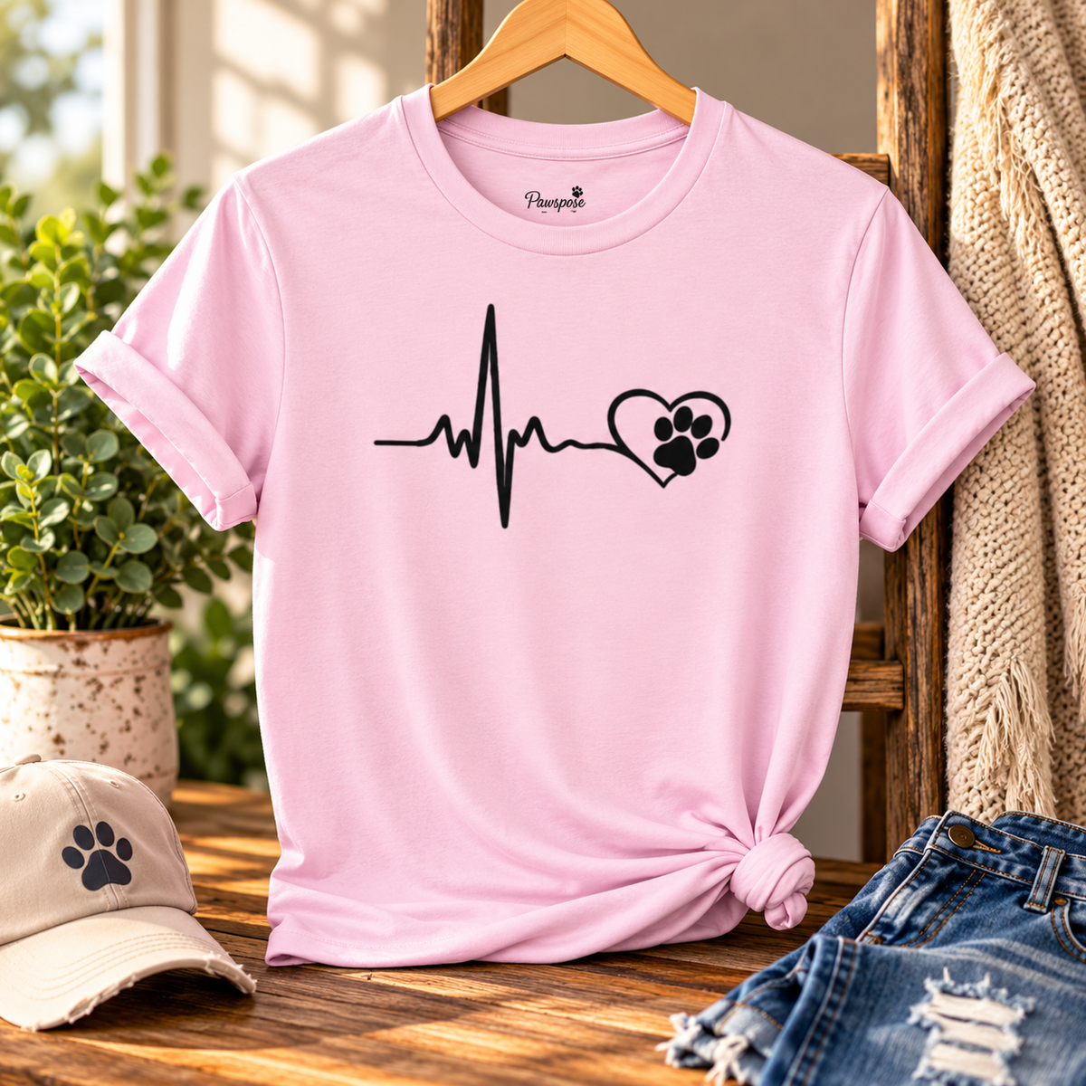 Pet Paw Heartbeat T-Shirt — Dog Lover Paw Print Tee