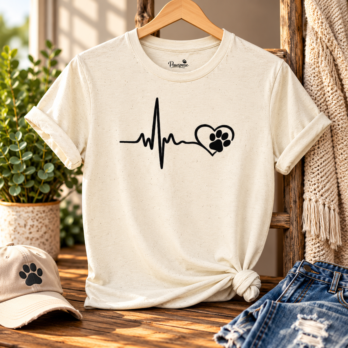 Pet Paw Heartbeat T-Shirt — Dog Lover Paw Print Tee