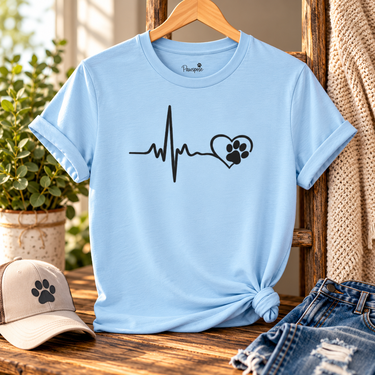 Pet Paw Heartbeat T-Shirt — Dog Lover Paw Print Tee