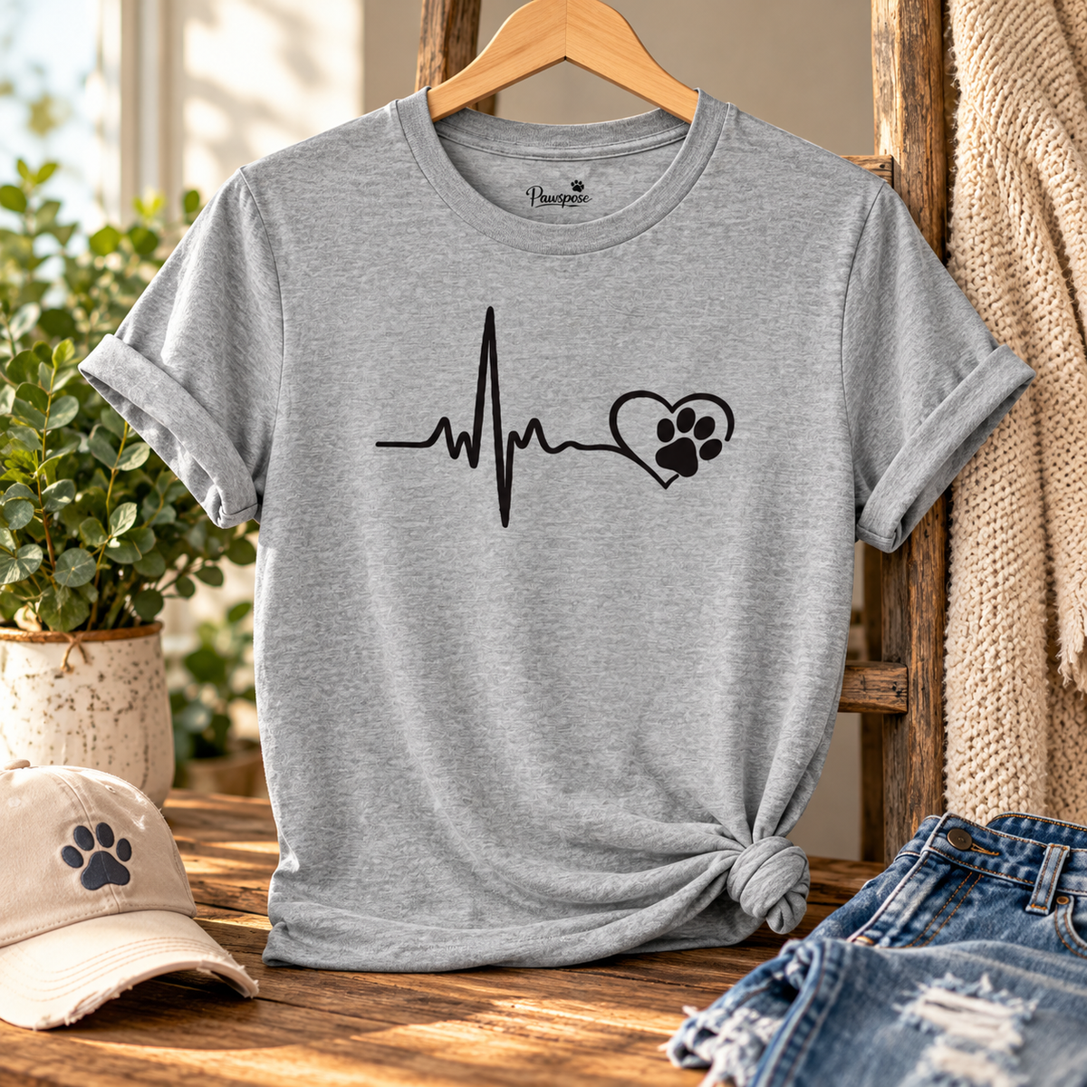 Pet Paw Heartbeat T-Shirt — Dog Lover Paw Print Tee
