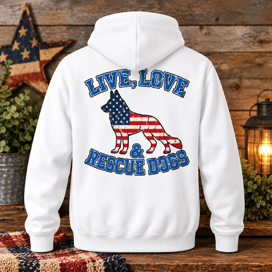Live, Love & Rescue Dogs Patriotic Hoodie – Unisex Fleece Pullover