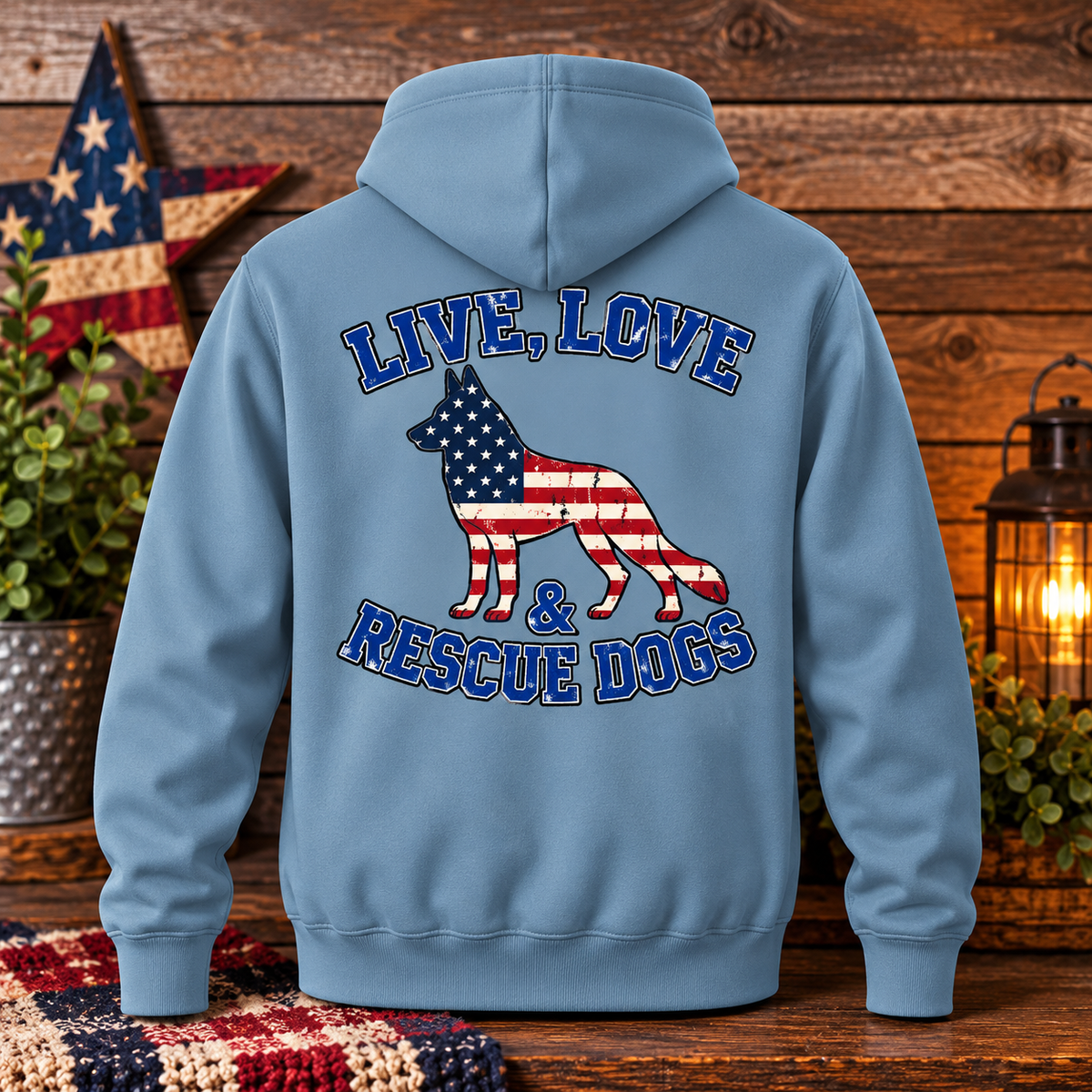 Live, Love & Rescue Dogs Patriotic Hoodie – Unisex Fleece Pullover