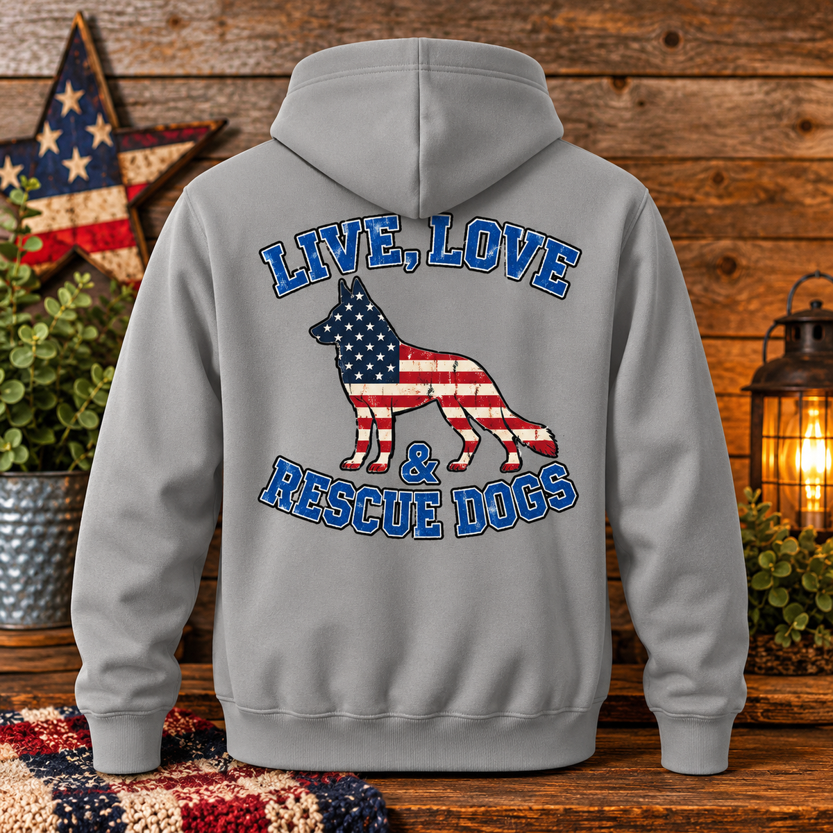 Live, Love & Rescue Dogs Patriotic Hoodie – Unisex Fleece Pullover