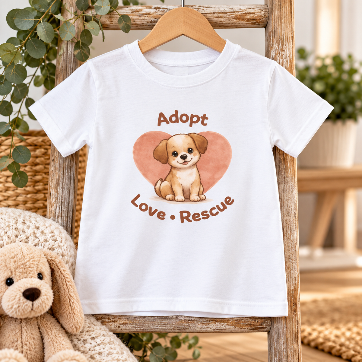 Kids “Adopt Love Rescue” Puppy T-Shirt – Cute Rescue Dog Graphic Tee
