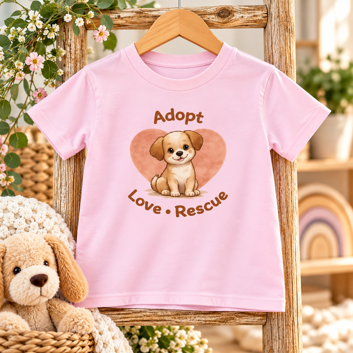 Kids “Adopt Love Rescue” Puppy T-Shirt – Cute Rescue Dog Graphic Tee