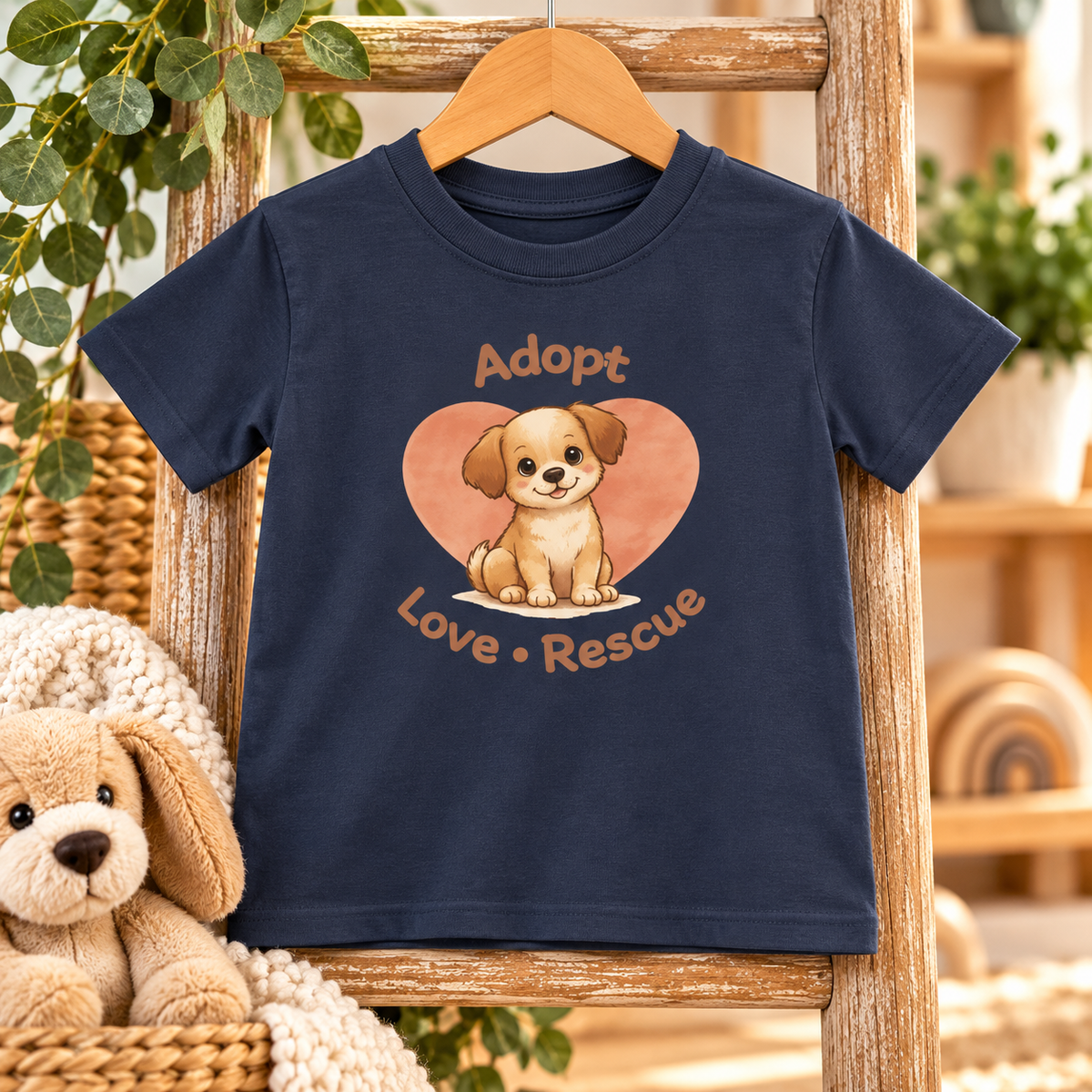 Kids “Adopt Love Rescue” Puppy T-Shirt – Cute Rescue Dog Graphic Tee