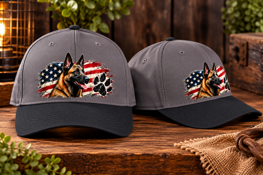 Belgian Malinois American Flag & Paw Print Baseball Cap – Patriotic Dog Lover Hat