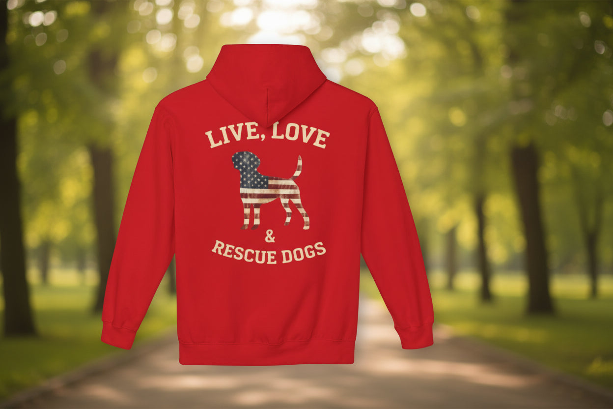 Rescue Dogs American Flag Hoodie "Live, Love & Rescue Dogs" Paw-Lover Pullover