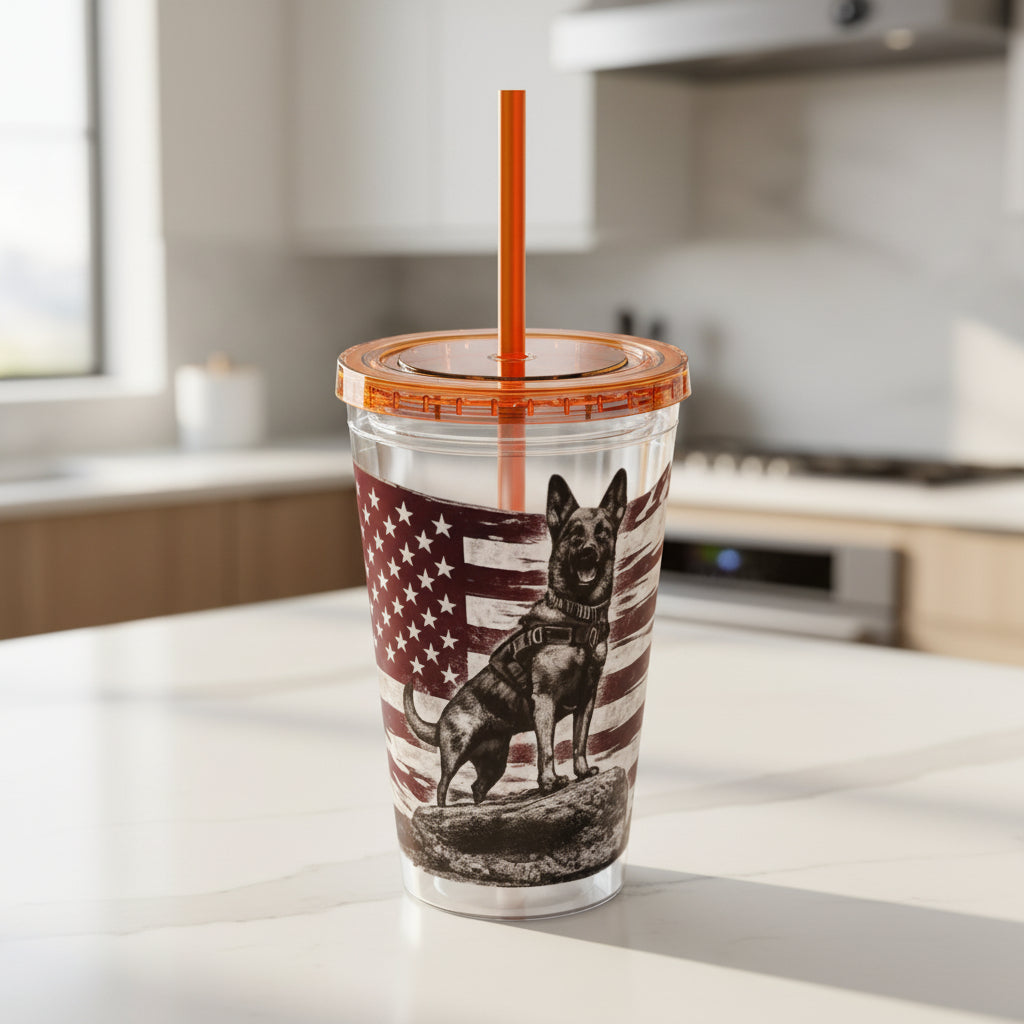 American Flag K9 Tumbler 16oz Insulated Straw Cup